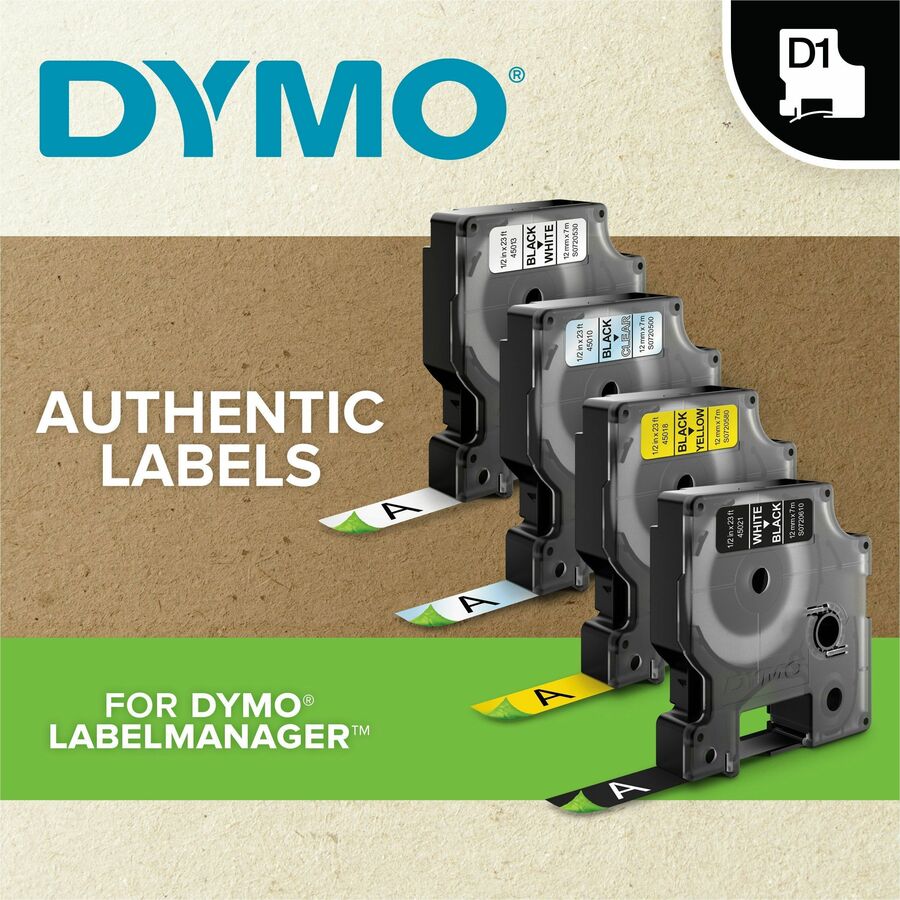 Dymo D1 Electronic Tape Cartridge - 1/2" Width x 23 ft Length - Rectangle - Thermal Transfer - Glossy - Black, White - P