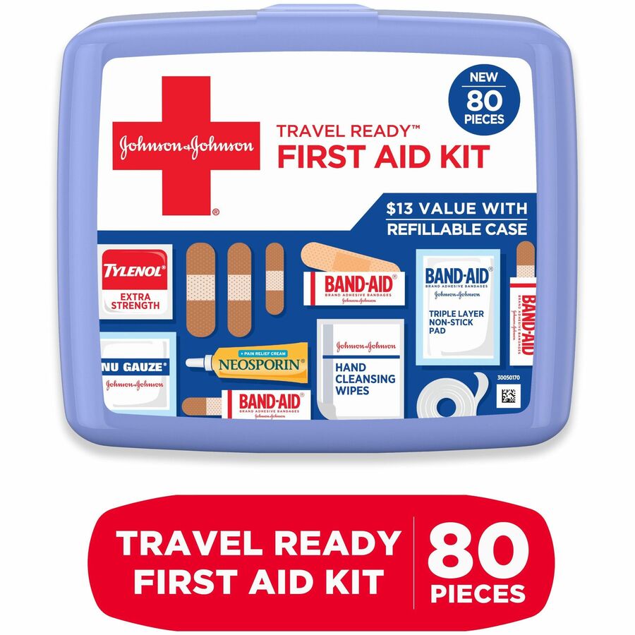 Johnson & Johnson Travel Ready First Aid Kit - 80 x Piece(s) - 5.5" Height x 6.3" Width x 1.7" Depth - Plastic Case - Bl