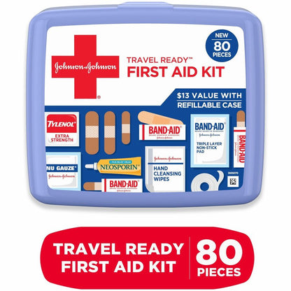 Johnson & Johnson Travel Ready First Aid Kit - 80 x Piece(s) - 5.5" Height x 6.3" Width x 1.7" Depth - Plastic Case - Bl