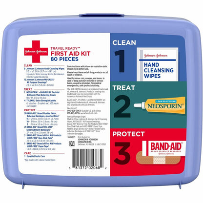 Johnson & Johnson Travel Ready First Aid Kit - 80 x Piece(s) - 5.5" Height x 6.3" Width x 1.7" Depth - Plastic Case - Bl