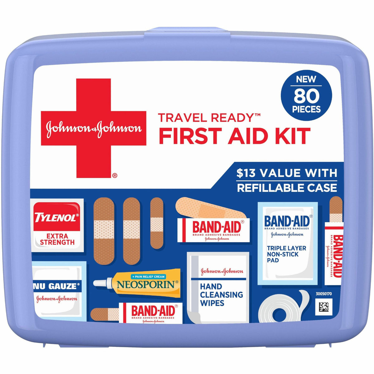 Johnson & Johnson Travel Ready First Aid Kit - 80 x Piece(s) - 5.5" Height x 6.3" Width x 1.7" Depth - Plastic Case - Bl