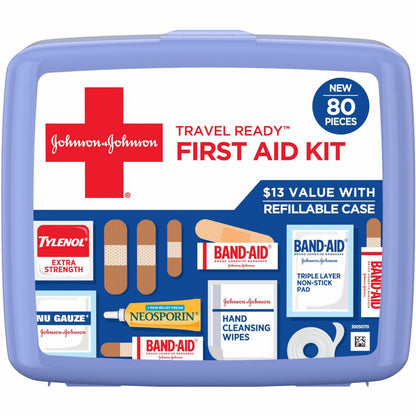 Johnson & Johnson Travel Ready First Aid Kit - 80 x Piece(s) - 5.5" Height x 6.3" Width x 1.7" Depth - Plastic Case - Bl