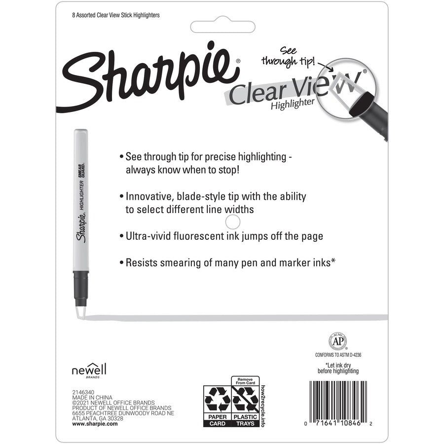 Sharpie Clear View Highlighter - Yellow, Pink, Orange, Coral, Blue, Purple, Fluorescent Green Ink - 8 / Pack