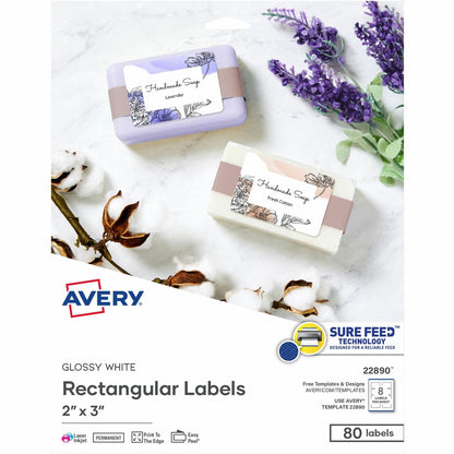 Avery® Glossy White Labels, 2" x 3" , 80 Labels (22890) - 2" Height x 3" Width - Permanent Adhesive - Rectangle - Gloss 