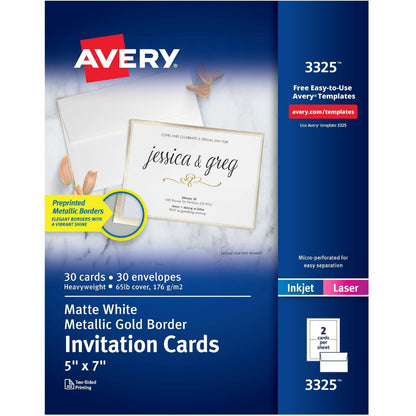 Avery® Invitation Cards with Metallic Gold Borders - 5" Width x 7" Length - Rectangle - Inkjet, Laser - Matte - Matte Wh