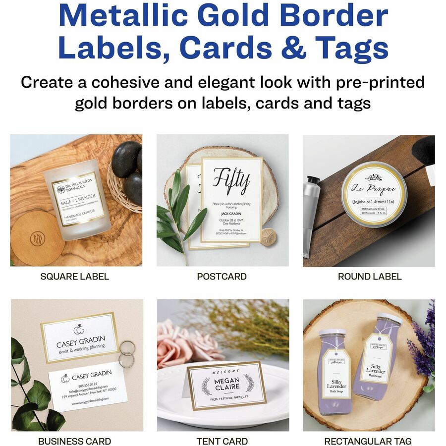 Avery® Invitation Cards with Metallic Gold Borders - 5" Width x 7" Length - Rectangle - Inkjet, Laser - Matte - Matte Wh