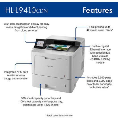 Brother Workhorse HL HL-L9410CDN Desktop Wireless Laser Printer - Color - 42 ppm Mono / 42 ppm Color - 2400 x 600 dpi Pr