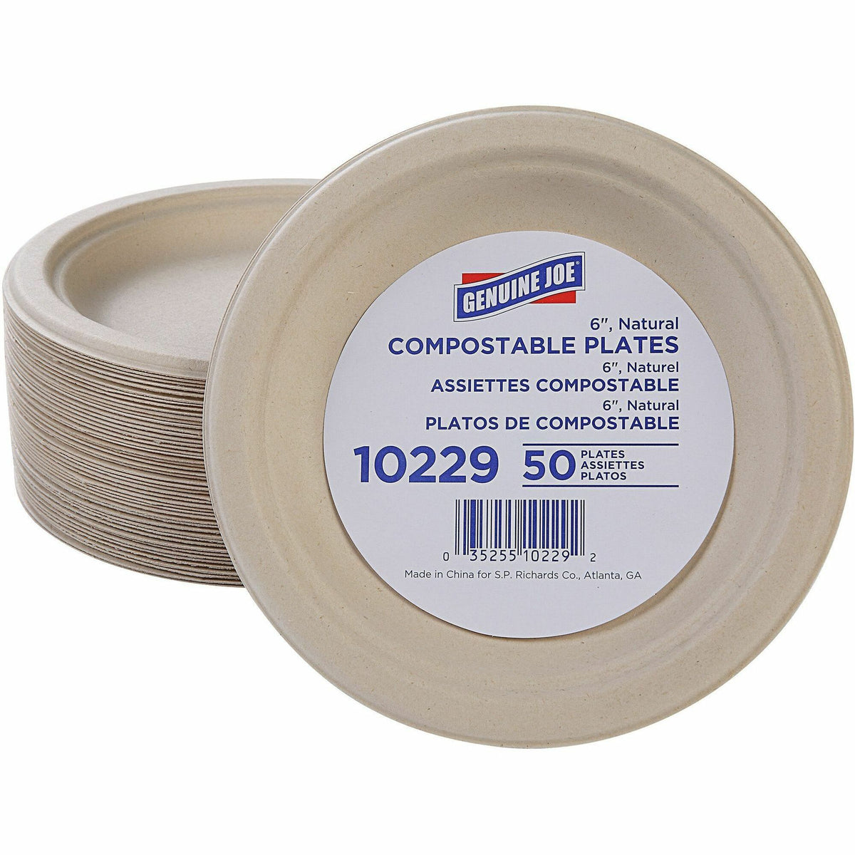 Genuine Joe 6" Compostable Plates - Breakroom, Office - Disposable - 6" Diameter - White, Natural - Sugarcane Body - 50 