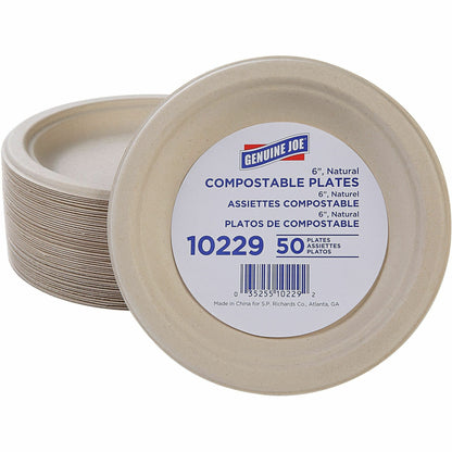 Genuine Joe 6" Compostable Plates - Breakroom, Office - Disposable - 6" Diameter - White, Natural - Sugarcane Body - 50 