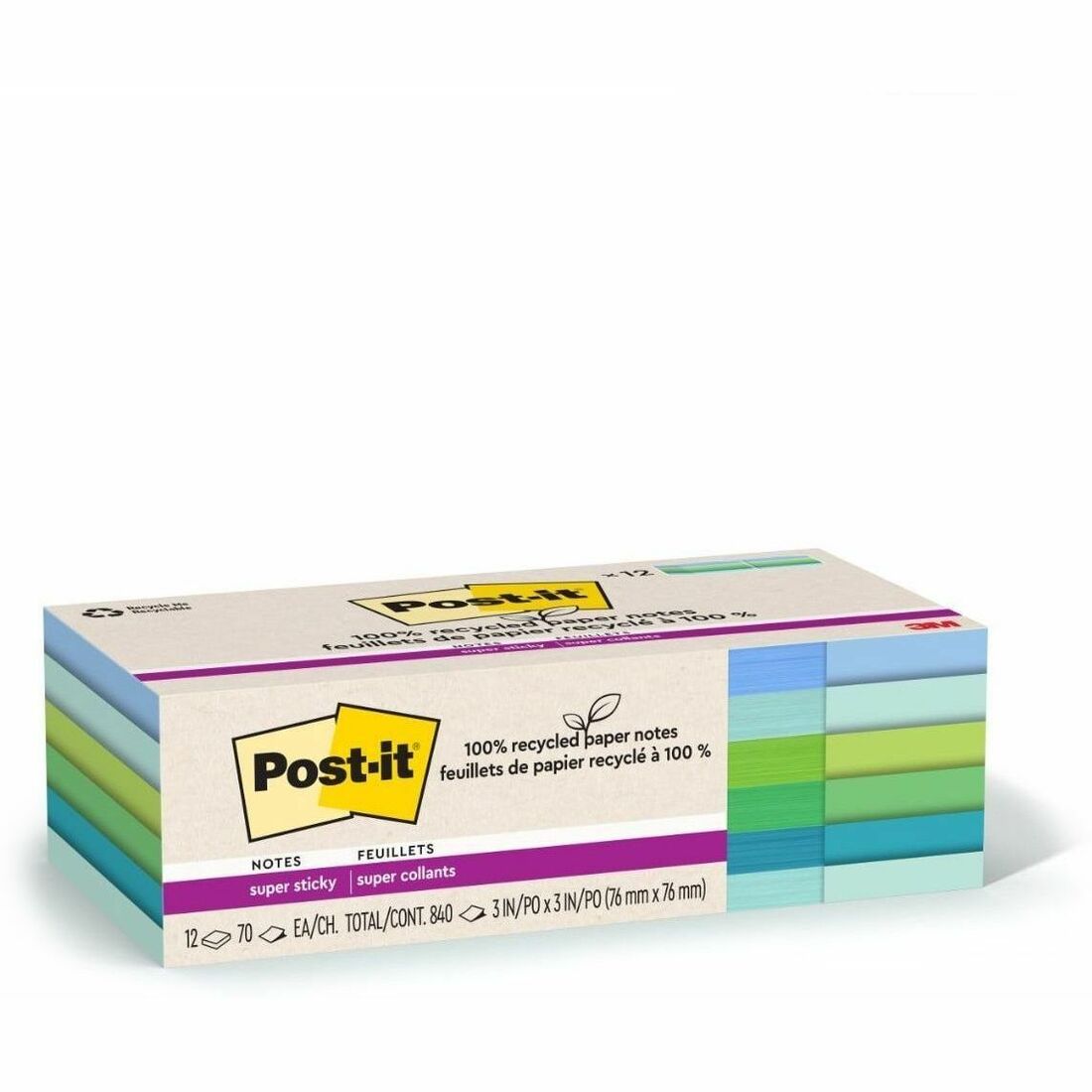 Post-it® Recycled Super Sticky Notes - 70 - 3" Flag/Note Width x 3" Flag/Note Length - Square - 70 Sheets per Pad - Asso