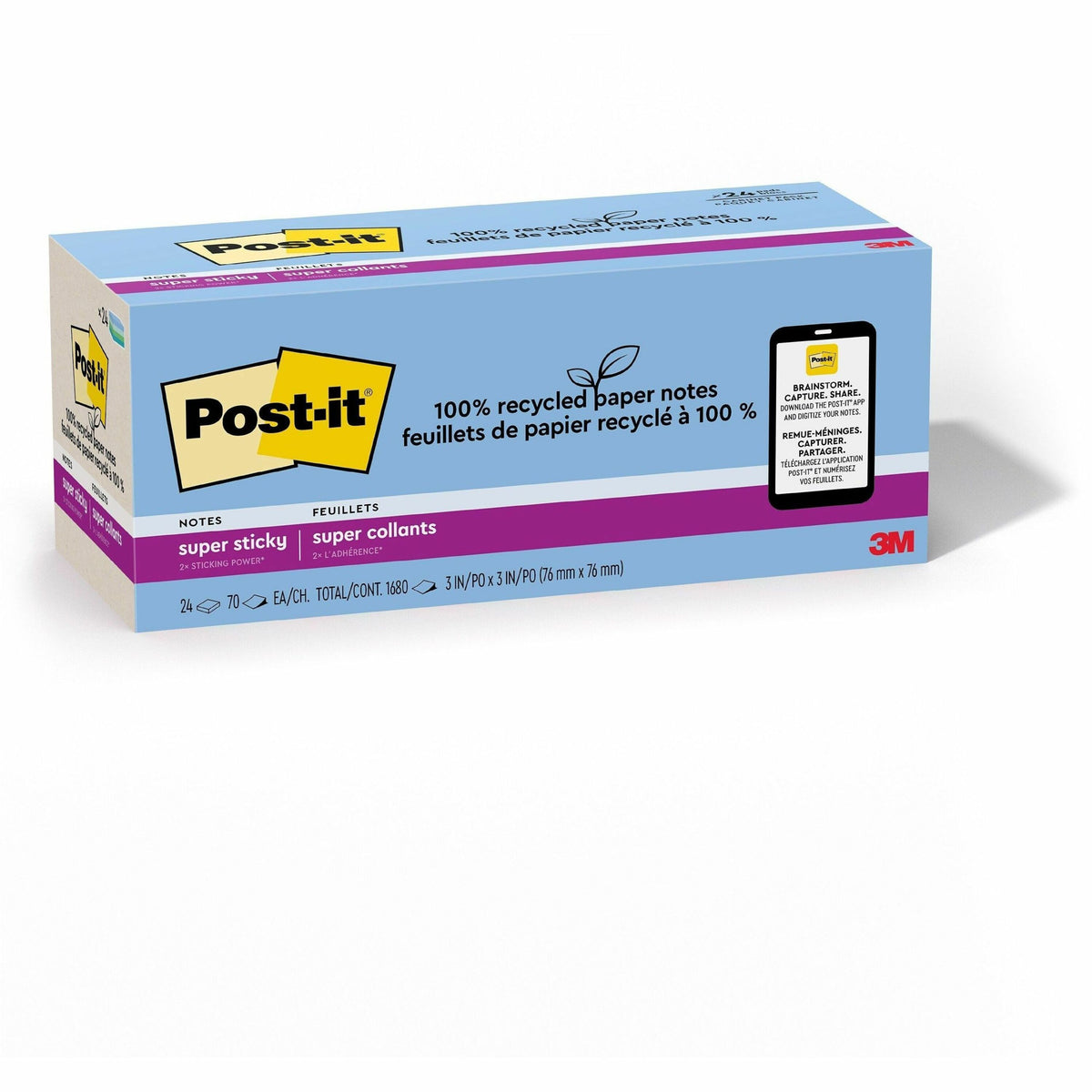 Post-it® Recycled Super Sticky Notes - 70 - 3" Flag/Note Width x 3" Flag/Note Length - Square - 70 Sheets per Pad - Unru