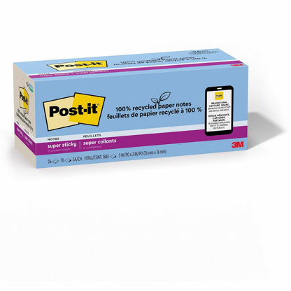 Post-it® Recycled Super Sticky Notes - 70 - 3" Flag/Note Width x 3" Flag/Note Length - Square - 70 Sheets per Pad - Unru
