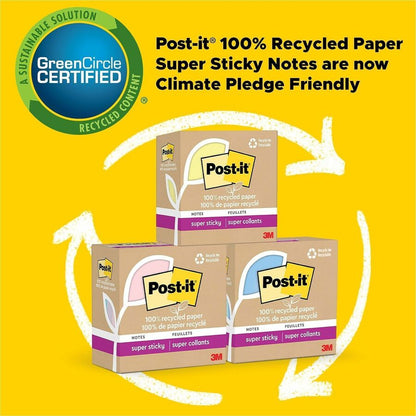 Post-it® Recycled Super Sticky Notes - 70 - 3" Flag/Note Width x 3" Flag/Note Length - Square - 70 Sheets per Pad - Unru