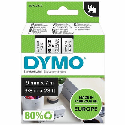 Dymo D1 Electronic Tape Cartridge - 3/8" Width x 23 ft Length - Rectangle - Thermal Transfer - Glossy - Black, Clear - P