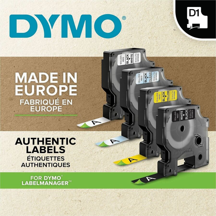 Dymo D1 Electronic Tape Cartridge - 3/8" Width x 23 ft Length - Rectangle - Thermal Transfer - Glossy - Black, Clear - P