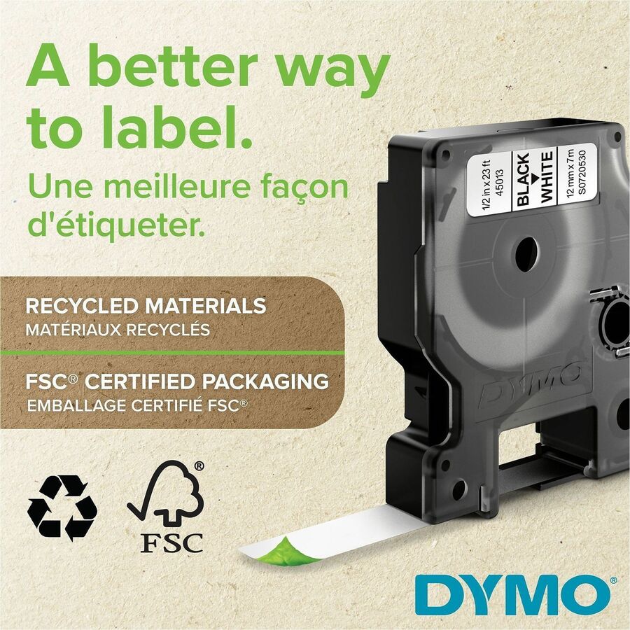 Dymo D1 Electronic Tape Cartridge - 1/4" Width x 23 ft Length - Thermal Transfer - Black, White - Plastic - 1 Each