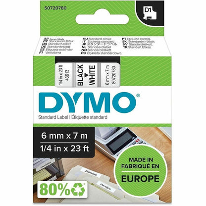 Dymo D1 Electronic Tape Cartridge - 1/4" Width x 23 ft Length - Thermal Transfer - Black, White - Plastic - 1 Each