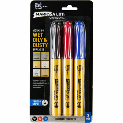 Avery® Marks A Lot UltraDuty Markers, Chisel Tip, 3 Assorted Markers (29864) - Black, Red, Blue Ink - Polyester Tip - 3 