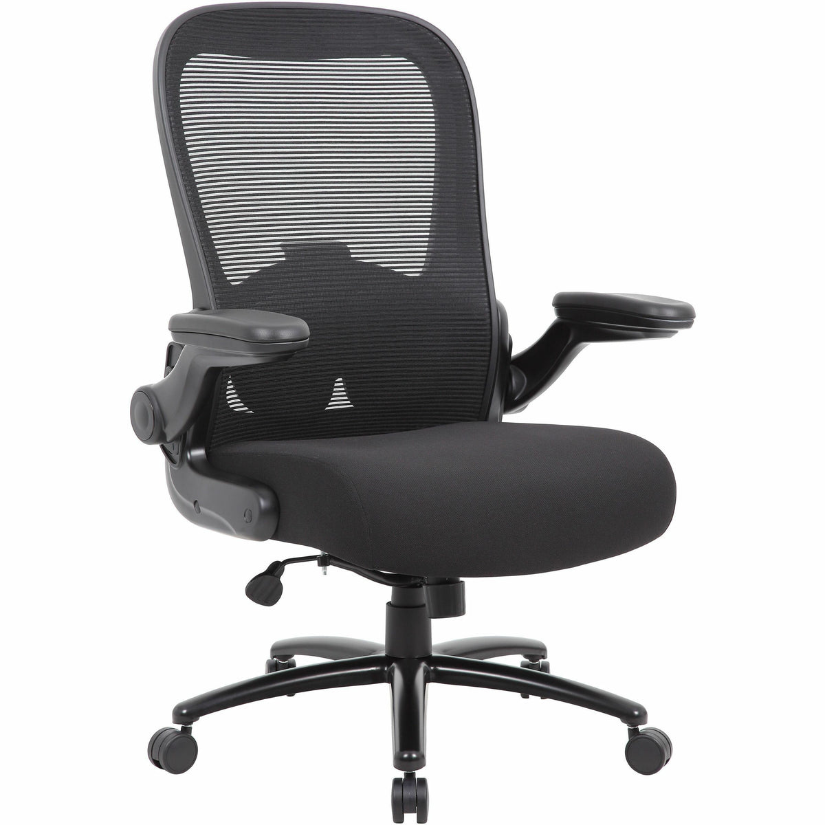 Boss Heavy Duty Flip Arm Mesh Chair - Black Seat Color - Fabric, High Density Foam (HDF) Seat Material - Black Back Colo