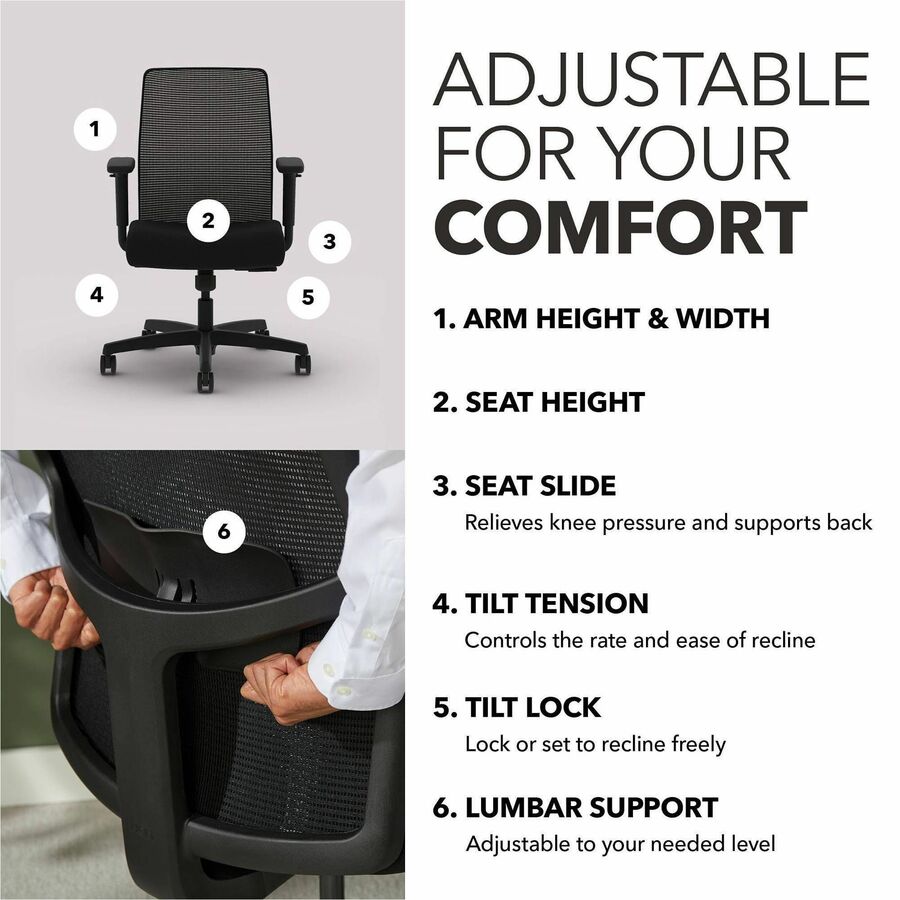 HON Ignition Seating Mid-back Task Chair - Black Seat Color - Fabric Seat Material - Mesh Back Material - Black Frame Co