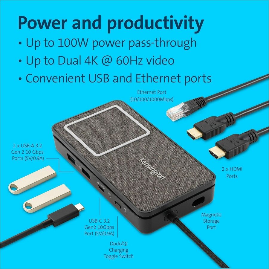 Kensington USB-C Dual 4K Portable Mobile Dock - for Smartphone, Tablet, Notebook, Monitor - USB Type C - 2 Displays Supp