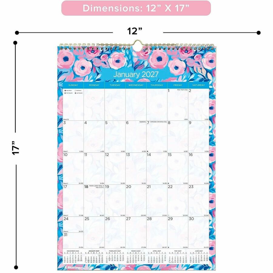Blueline Abstract Floral Monthly Wall Calendar - Monthly - 12 Month - January 2027 to December 2027 - 1 Month Single Pag