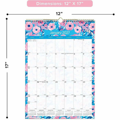 Blueline Abstract Floral Monthly Wall Calendar - Monthly - 12 Month - January 2027 to December 2027 - 1 Month Single Pag