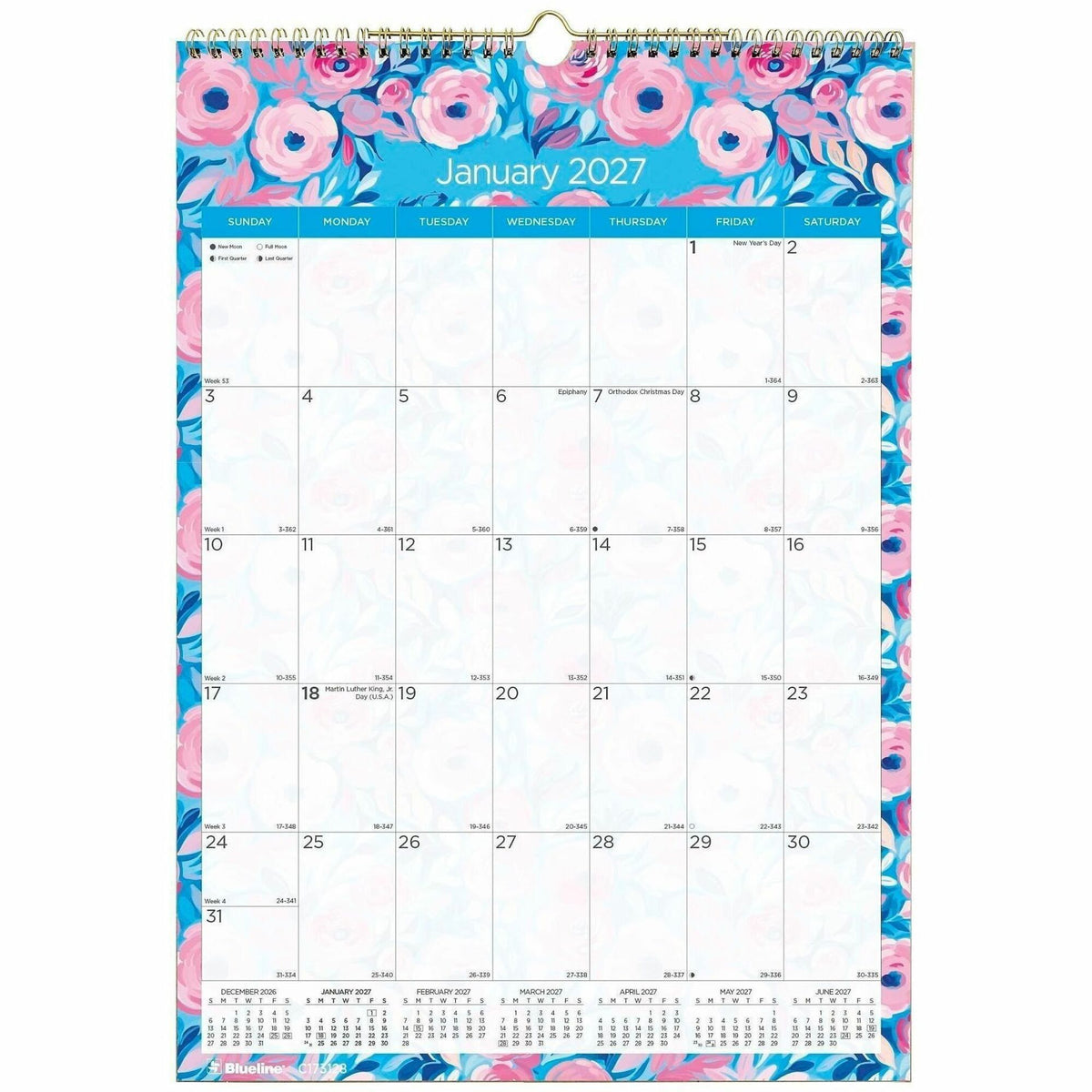 Blueline Abstract Floral Monthly Wall Calendar - Monthly - 12 Month - January 2027 to December 2027 - 1 Month Single Pag