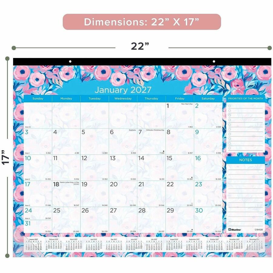 Blueline Abstract Floral Monthly Desk Pad - Monthly - 12 Month - January 2027 to December 2027 - 1 Month Single Page Lay