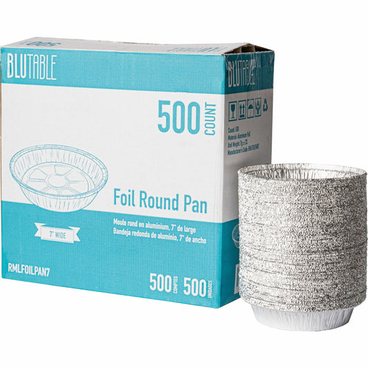 BluTable 7" Round Foil Pans - Food, Food Storage - 7" Diameter - Silver - Aluminum Body - Round - 500 / Carton