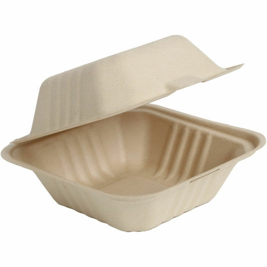 BluTable 21 oz Portable Clamshell Containers - Food Storage, Food - Natural - Molded Fiber, Sugarcane Fiber Body - 500 /