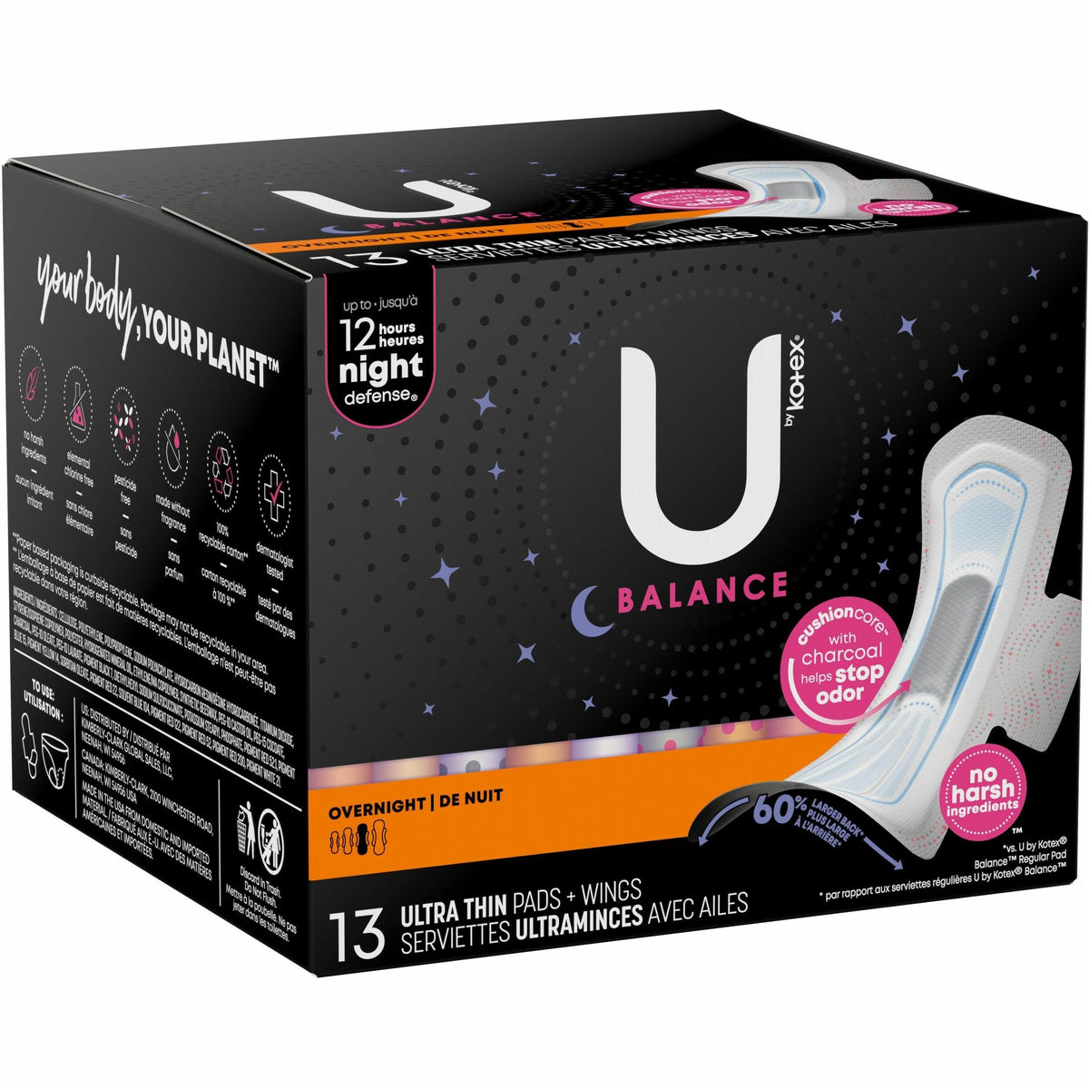 U by Kotex Ultra Thin Overnight Pads - With Wings - Individually Wrapped, Anti-leak, Absorbent, Odor-absorbing - 13/Box 