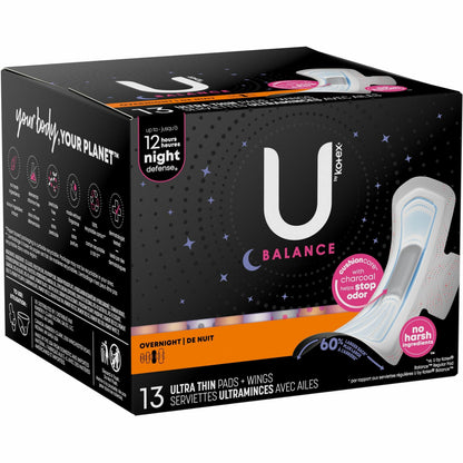 U by Kotex Ultra Thin Overnight Pads - With Wings - Individually Wrapped, Anti-leak, Absorbent, Odor-absorbing - 13/Box 