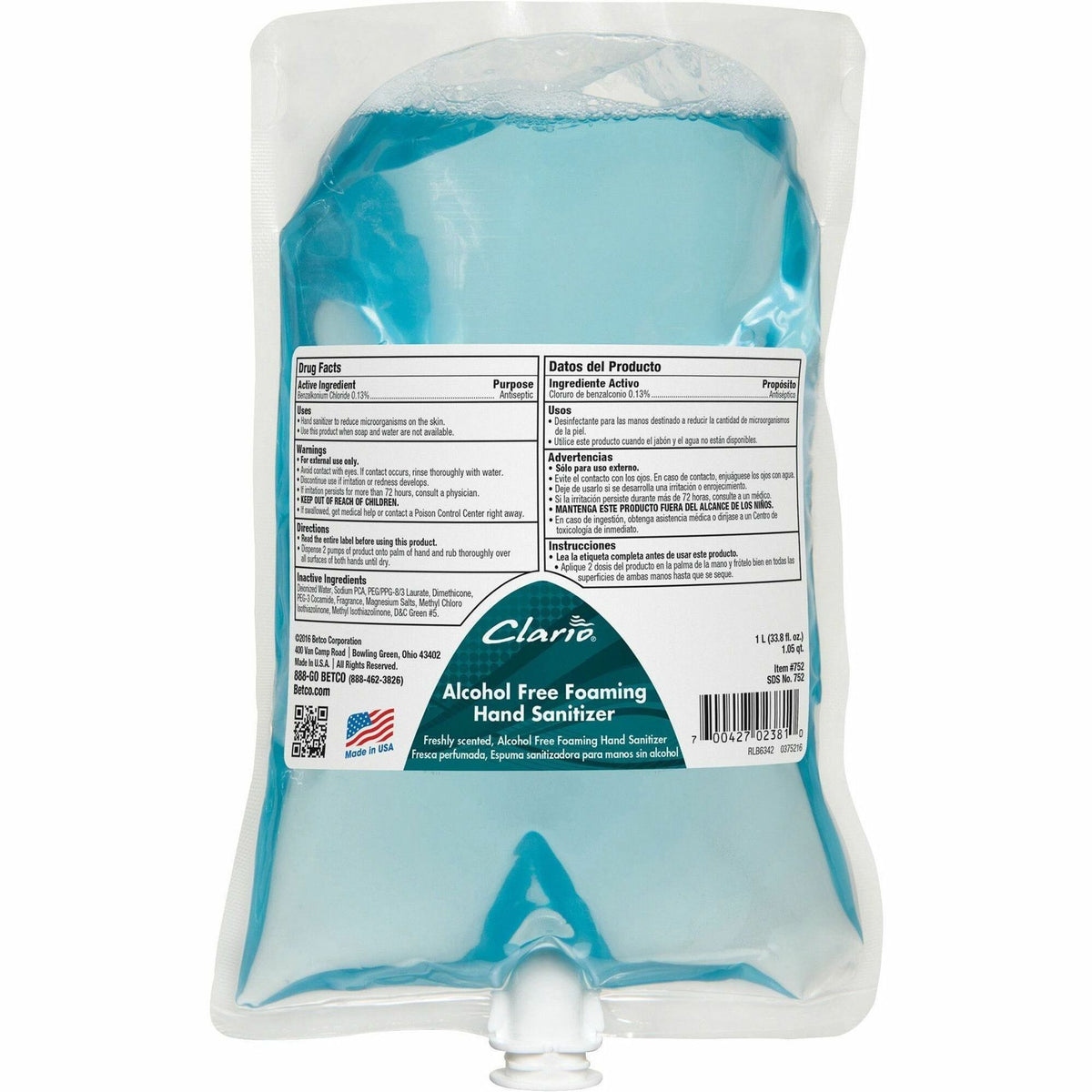 Betco Clario Hand Sanitizer Foam - Light Fresh, Fresh Neutral Scent - 1.06 quart - Kill Germs, Bacteria Remover - Hand, 