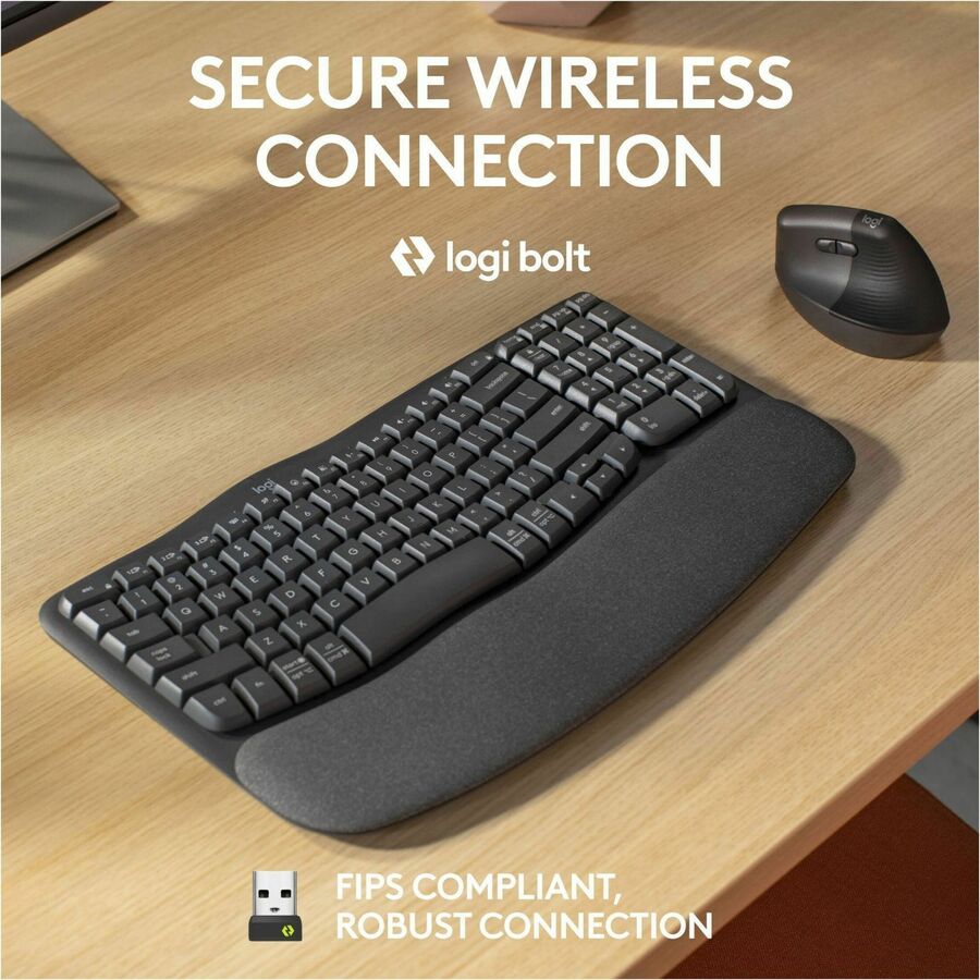 Logitech Wave Keys for Business Ergonomic Keyboard - Wireless Connectivity - Bluetooth - Compact - 5.1 - 32.81 ft - USB 