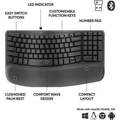 Logitech Wave Keys for Business Ergonomic Keyboard - Wireless Connectivity - Bluetooth - Compact - 5.1 - 32.81 ft - USB 
