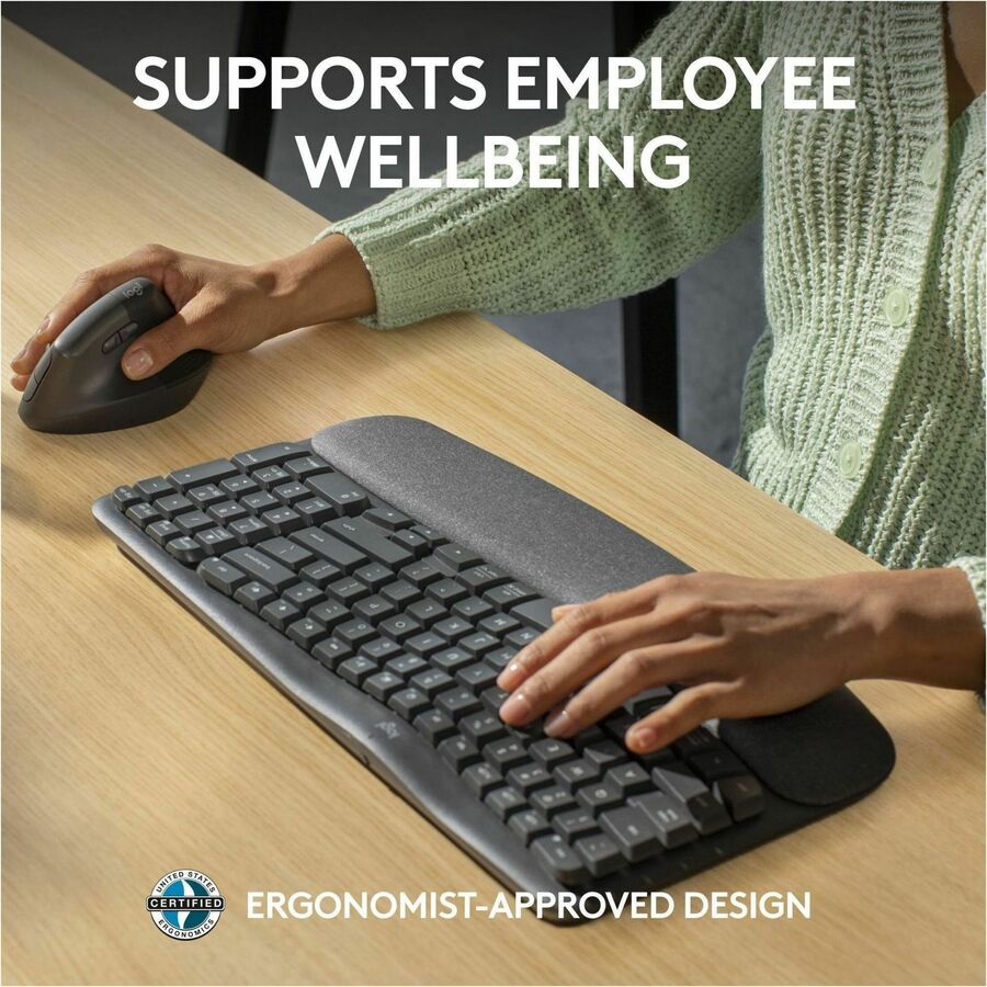 Logitech Wave Keys for Business Ergonomic Keyboard - Wireless Connectivity - Bluetooth - Compact - 5.1 - 32.81 ft - USB 
