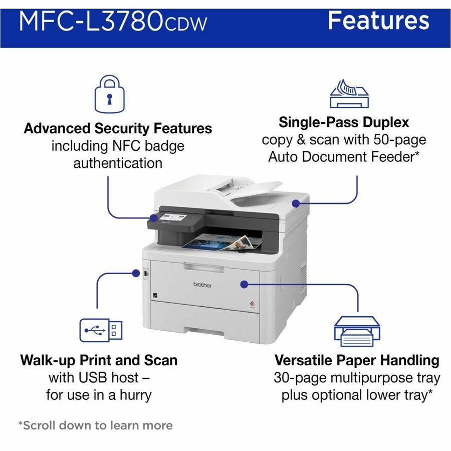 Brother MFC-L3780CDW Wired & Wireless Laser Multifunction Printer - Color - Copier/Fax/Printer/Scanner - 600 x 2400 dpi 