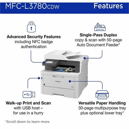 Brother MFC-L3780CDW Wired & Wireless Laser Multifunction Printer - Color - Copier/Fax/Printer/Scanner - 600 x 2400 dpi 