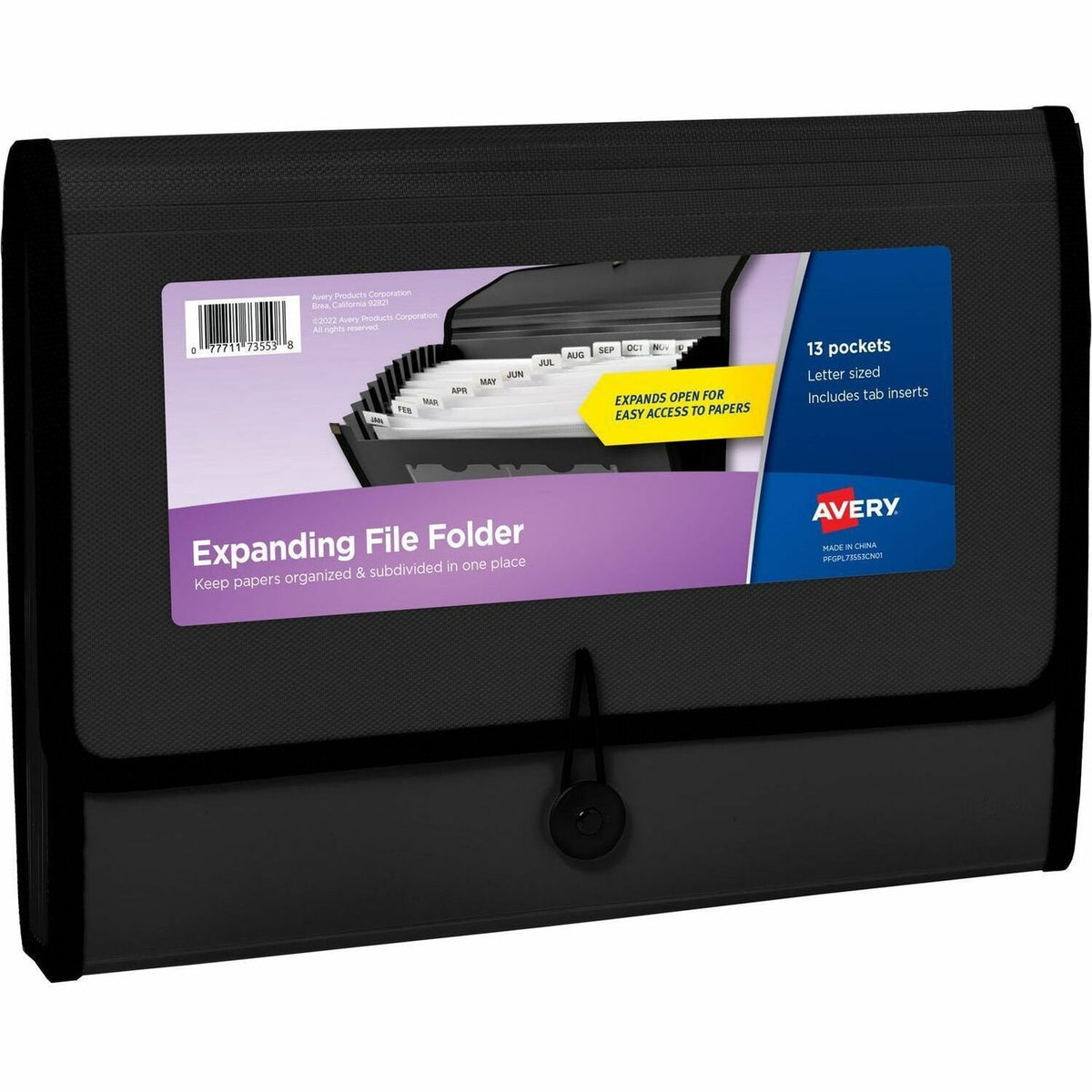 Avery® Letter, A4 Recycled Expanding File - 425 Sheets Capacity - 13 Pocket - Polypropylene, Plastic, Fabric - Black - 1