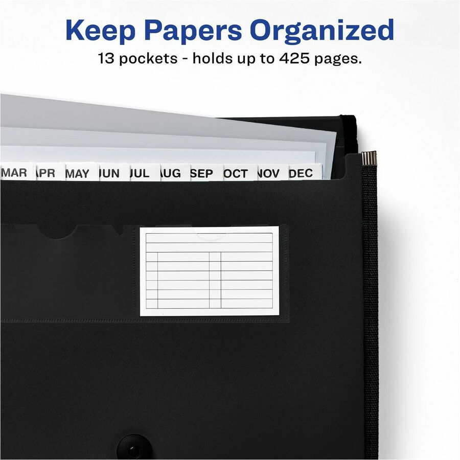 Avery® Letter, A4 Recycled Expanding File - 425 Sheets Capacity - 13 Pocket - Polypropylene, Plastic, Fabric - Black - 1