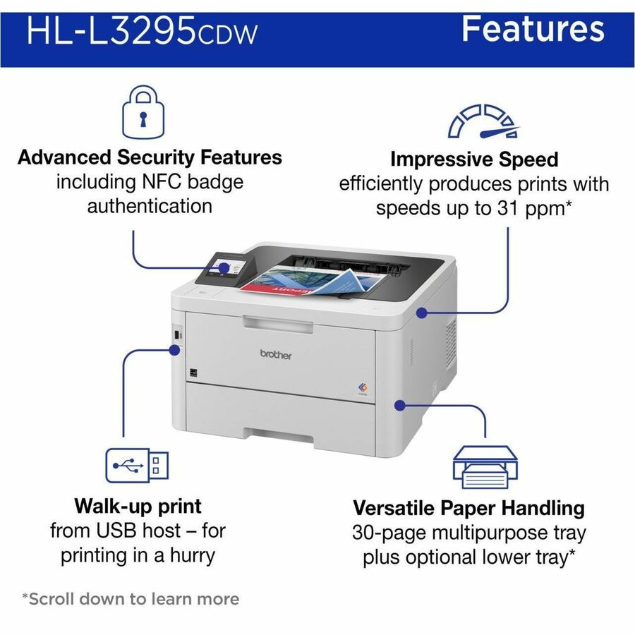 Brother HL-L3295CDW Desktop Wireless Laser Printer - Color - 31 ppm Mono / 31 ppm Color - 2400 x 600 dpi class - Automat
