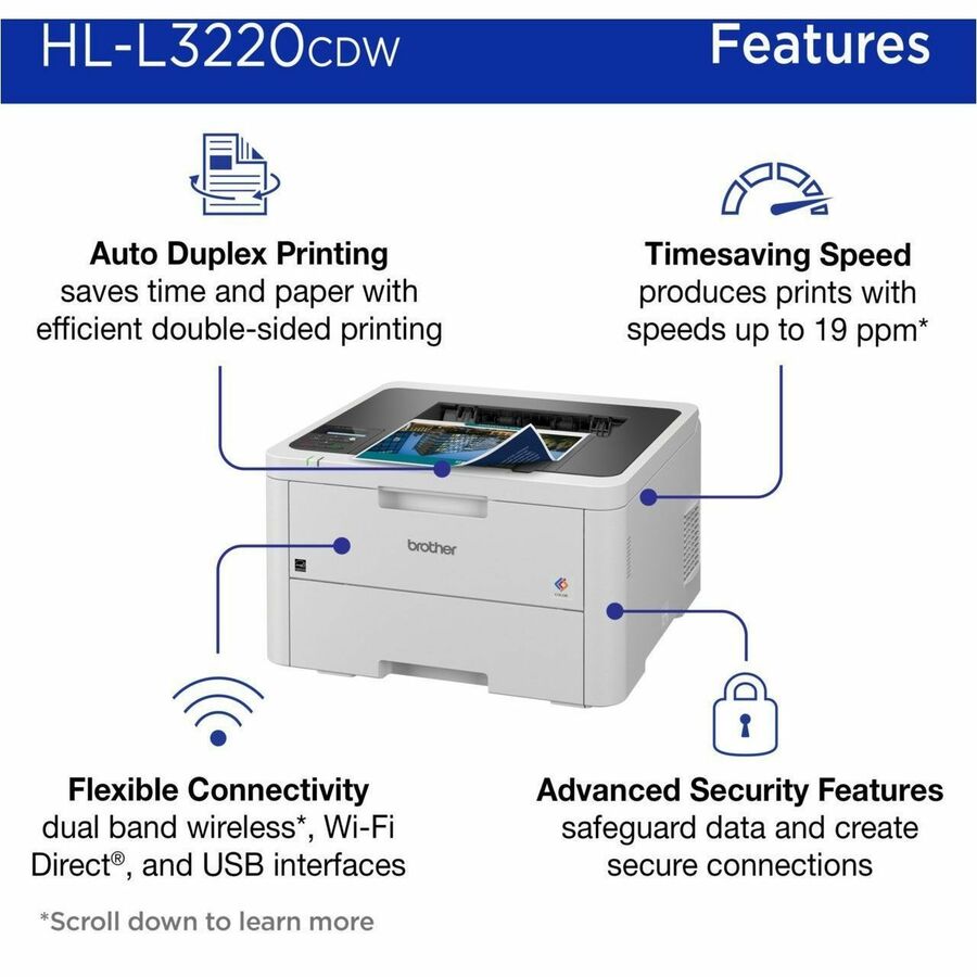 Brother HL-L3220CDW Desktop Wireless Laser Printer - Color - 19 ppm Mono / 19 ppm Color - 2400 x 600 dpi class - Automat