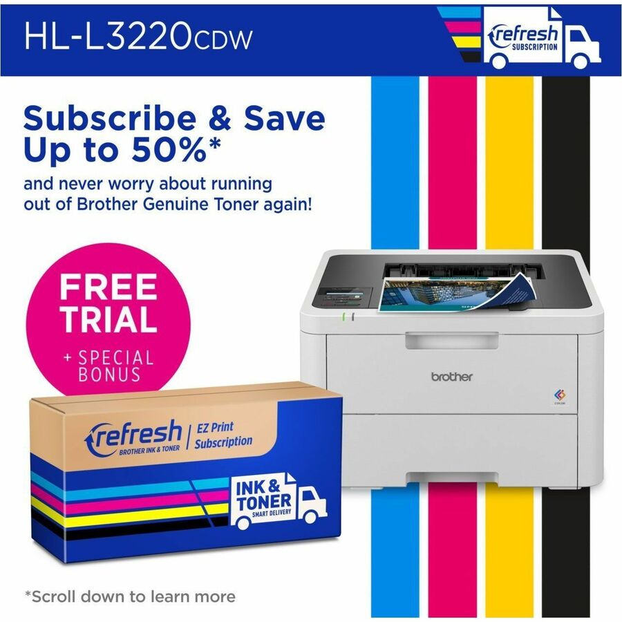 Brother HL-L3220CDW Desktop Wireless Laser Printer - Color - 19 ppm Mono / 19 ppm Color - 2400 x 600 dpi class - Automat