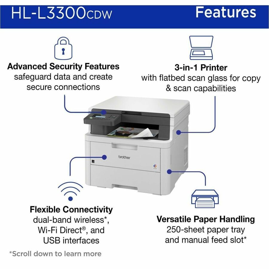 Brother HL-L3300CDW Wireless Laser Multifunction Printer - Color - For Plain Paper Print - 1 Each