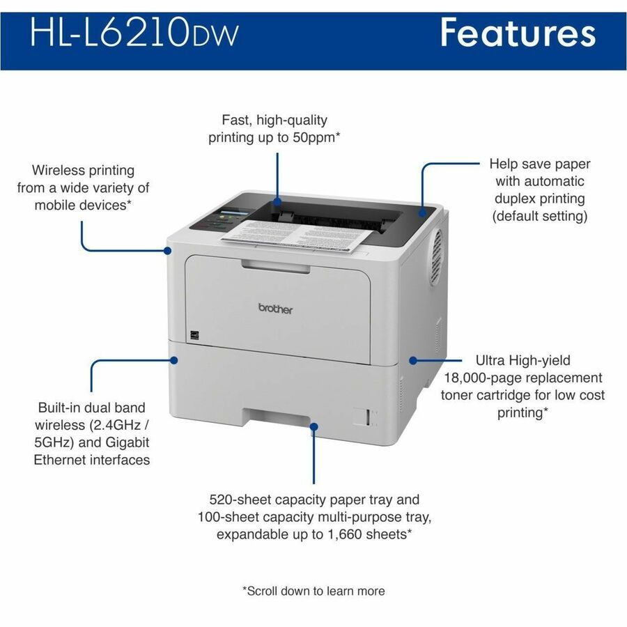 Brother HL-L6210DW Desktop Wireless Laser Printer - Monochrome - 50 ppm Mono - 1200 x 1200 dpi class - Automatic Duplex 