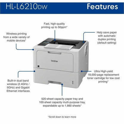 Brother HL-L6210DW Desktop Wireless Laser Printer - Monochrome - 50 ppm Mono - 1200 x 1200 dpi class - Automatic Duplex 