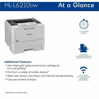 Brother HL-L6210DW Desktop Wireless Laser Printer - Monochrome - 50 ppm Mono - 1200 x 1200 dpi class - Automatic Duplex 