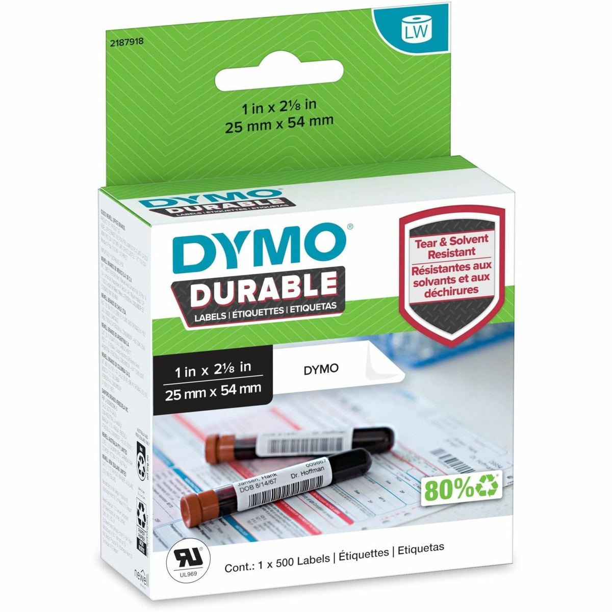 Dymo LW Durable Labels - 1" Width x 2 1/8" Length - Direct Thermal - White - Plastic - 500 / Roll - 500 / Roll