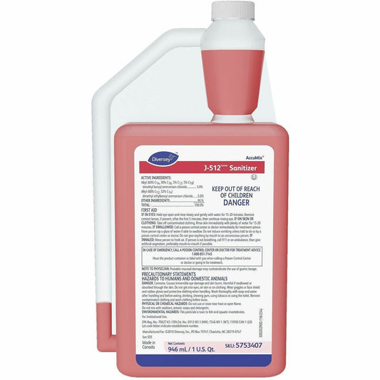 Diversey J-512 Sanitizer - For Multipurpose - Concentrate - Liquid - 32 fl oz (1 quart) - 7.9 pH - Quaternary Scent - 6 